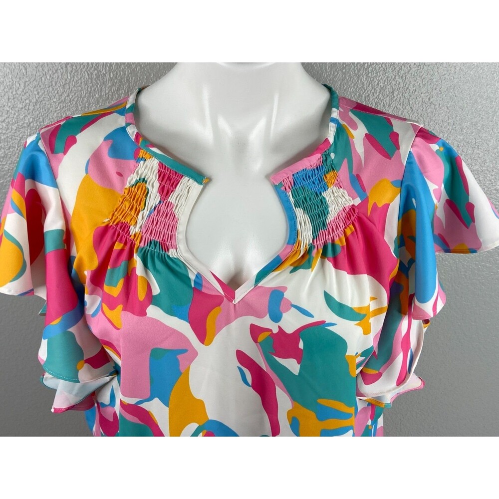 Smocked Multi Color Women XL Blouse Top Abstract V Neck Casual NWT - Picture 2 of 9